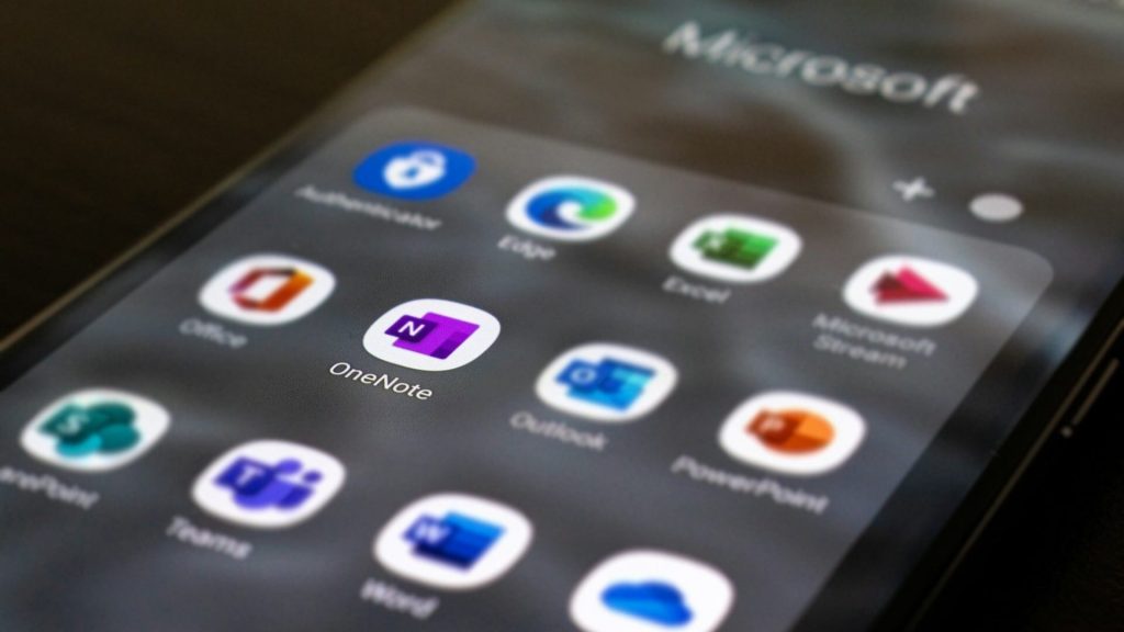 A smartphone with several microsoft apps but only the OneNote in focus